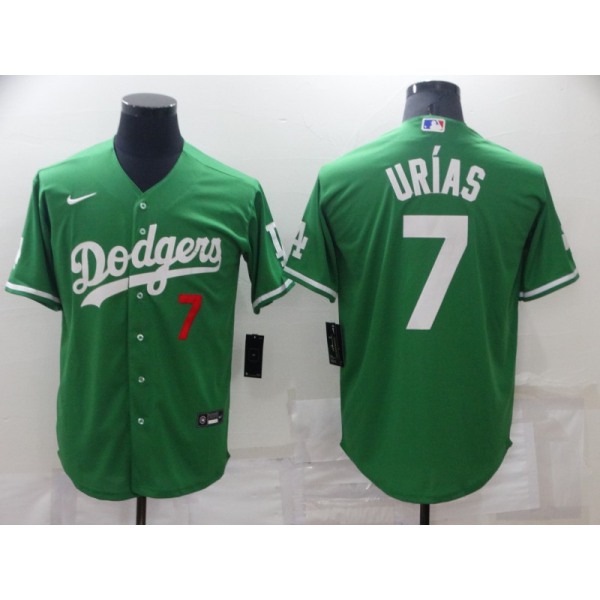 Men's Los Angeles Dodgers #7 Julio Urias Green St Patrick's Day 2021 Mexican Heritage Stitched Baseball Jersey
