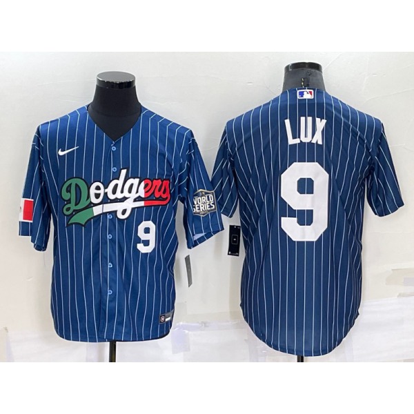 Men's Los Angeles Dodgers #9 Gavin Lux Number Navy Blue Pinstripe 2020 World Series Cool Base Nike Jersey