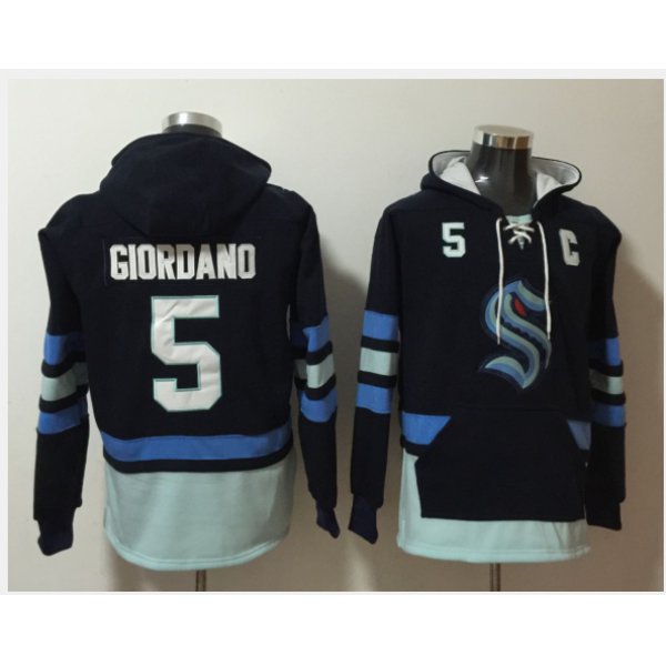 Men's Seattle Kraken #5 Mark Giordano Navy Ageless Must-Have Lace-Up Pullover Hoodie