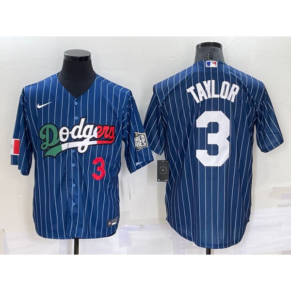 Mens Los Angeles Dodgers #3 Chris Taylor Number Navy Blue Pinstripe 2020 World Series Cool Base Nike Jersey