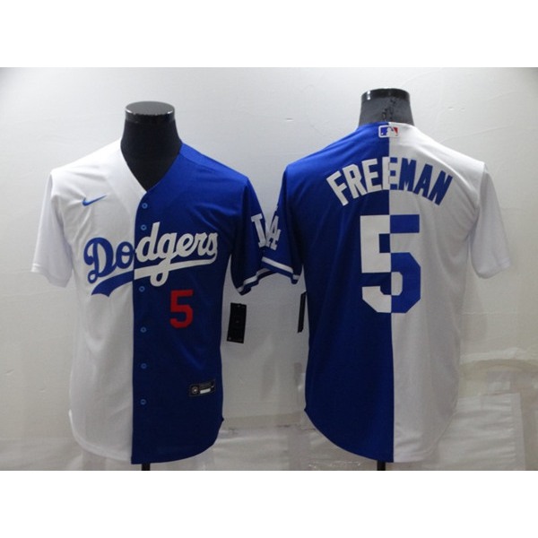 Mens Los Angeles Dodgers #5 Freddie Freeman White Blue Split Cool Base Stitched Baseball Jersey