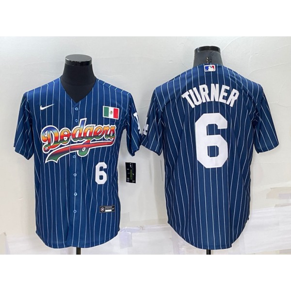 Mens Los Angeles Dodgers #6 Trea Turner Number Rainbow Blue Red Pinstripe Mexico Cool Base Nike Jersey