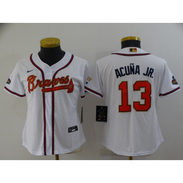 Women's Atlanta Braves #13 Ronald Acuna Jr 2022 White Gold World Series Champions Program Cool Base Stitched Baseball Jersey
