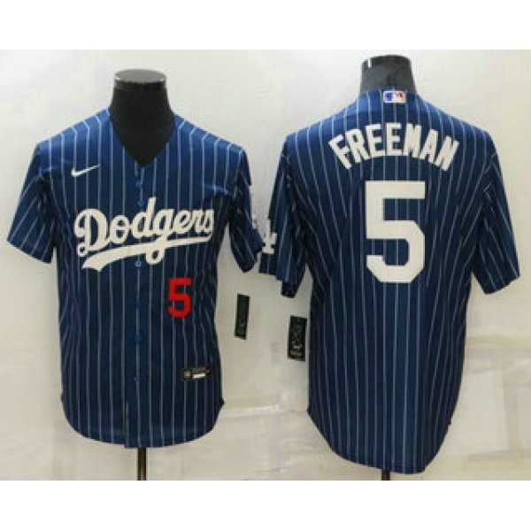 Men's Los Angeles Dodgers #5 Freddie Freeman Navy Blue Pinstripe Stitched MLB Cool Base Nike Jersey