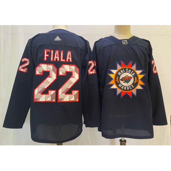 Men's Minnesota Wild #22 Kevin Fiala 2022 Navy Native American Heritage Day Stitched Jersey