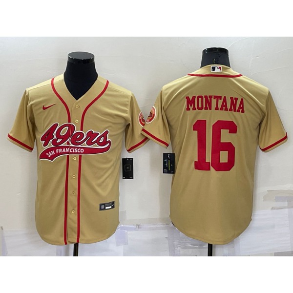 Men's San Francisco 49ers #16 Joe Montana Gold Stitched Cool Base Nike Baseball Jersey