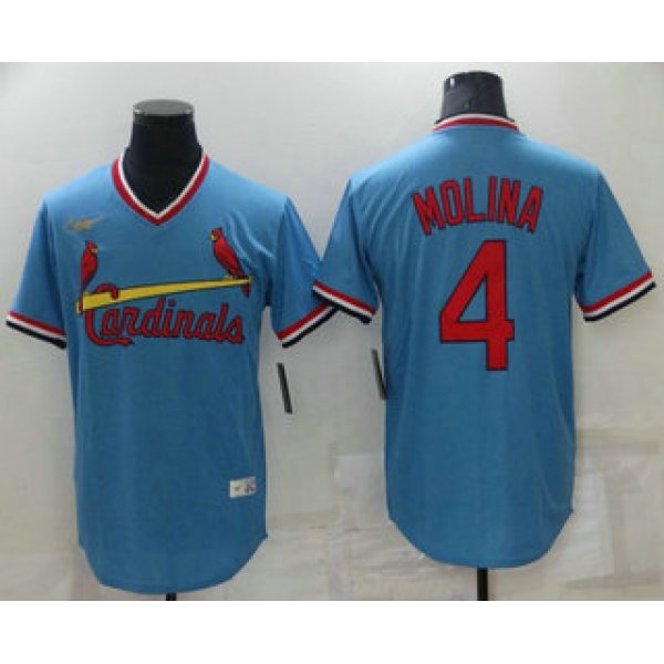 Men's St Louis Cardinals #4 Yadier Molina Light Blue Pullover Cooperstown Collection Stitched MLB Nike Jersey