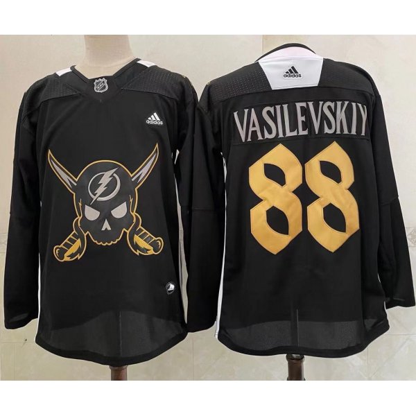 Men's Tampa Bay Lightning #88 Andrei Vasilevskiy Black Pirate Themed Warmup Authentic Jersey