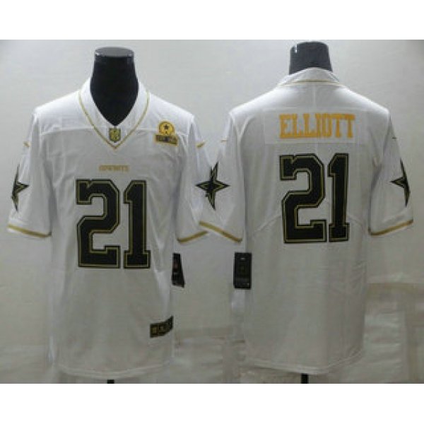 Men's Dallas Cowboys #21 Ezekiel Elliott White 60th Patch Golden Edition Stitched NFL Nike Limited Jersey