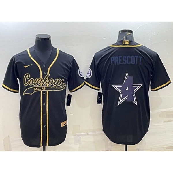 Men's Dallas Cowboys #4 Dak Prescott Black Gold Team Big Logo With Patch Cool Base Stitched Baseball Jersey