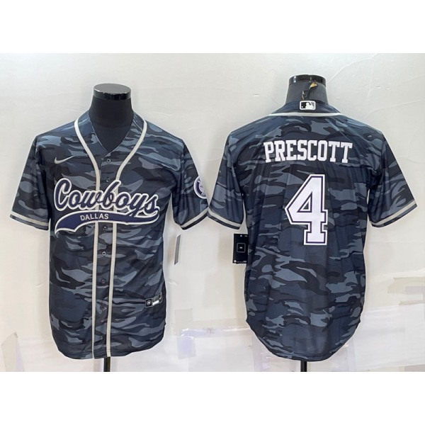 Men's Dallas Cowboys #4 Dak Prescott Grey Camo With Patch Cool Base Stitched Baseball Jersey