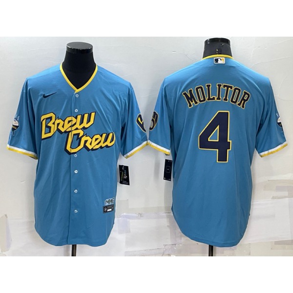 Men's Milwaukee Brewers #4 Paul Molitor Blue 2022 City Connect Cool Base Stitched Jersey