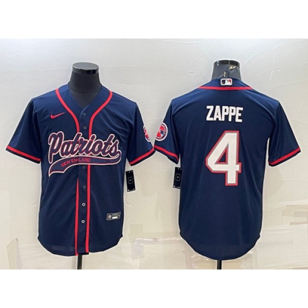Men's New England Patriots #4 Bailey Zappe Navy With Path Cool Base Stitched Baseball Jersey