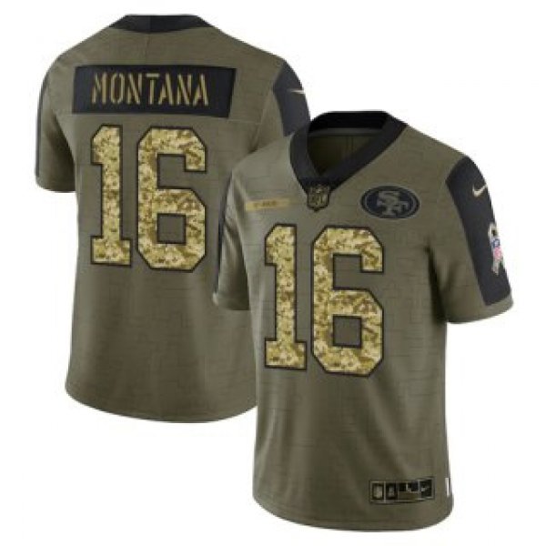 Men's Olive San Francisco 49ers #16 Joe Montana 2021 Camo Salute To Service Limited Stitched Jersey