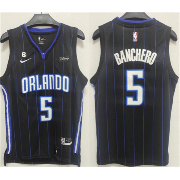 Men's Orlando Magic #5 Paolo Banchero Black With No.6 Patch Icon Edition Stitched Swingman Jersey