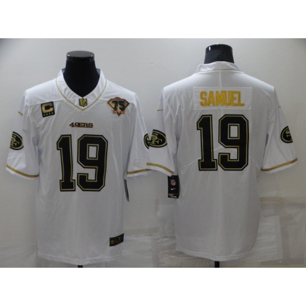 Men's San Francisco 49ers #19 Deebo Samuel White 75th Patch Golden Edition Stitched NFL Nike Limited Jersey