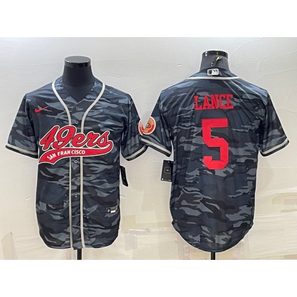Men's San Francisco 49ers #5 Trey Lance Grey Camo With Patch Cool Base Stitched Baseball Jersey