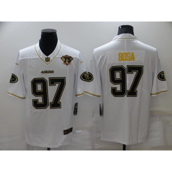Men's San Francisco 49ers #97 Nick Bosa White 75th Patch Golden Edition Stitched NFL Nike Limited Jersey