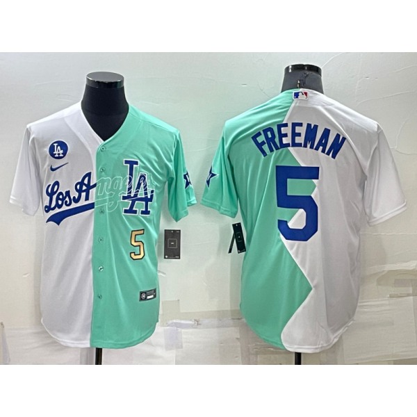 Mens Los Angeles Dodgers #5 Freddie Freeman White Green Number 2022 Celebrity Softball Game Cool Base