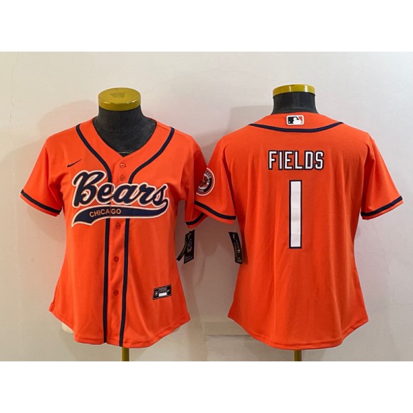 Women's Chicago Bears #1 Justin Fields Orange With Patch Cool Base Stitched Baseball Jersey