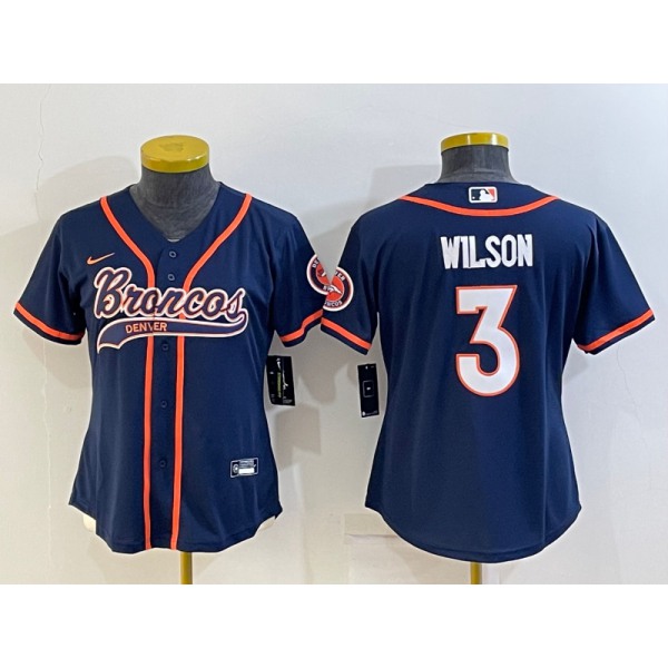 Women's Denver Broncos #3 Russell Wilson Navy Blue With Patch Cool Base Stitched Baseball Jersey