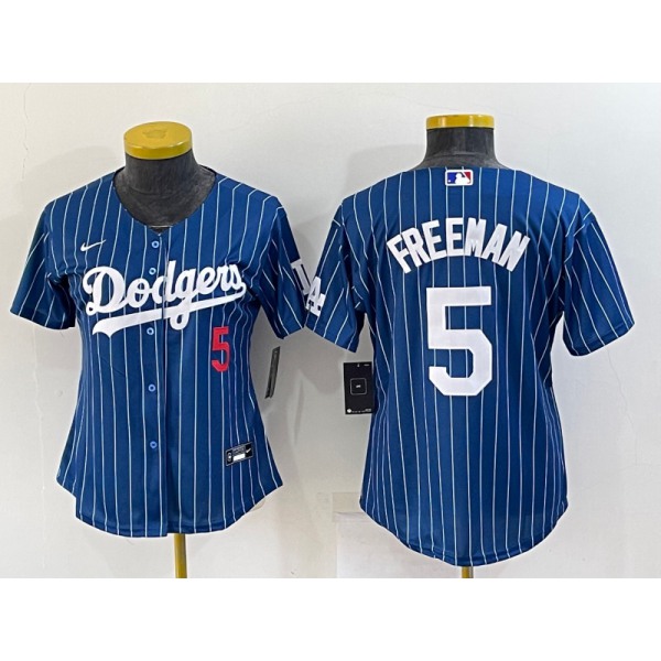 Women's Los Angeles Dodgers #5 Freddie Freeman Number Navy Blue Pinstripe Stitched MLB Cool Base Nike Jersey