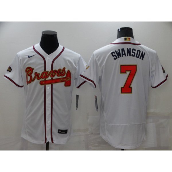 Men's Atlanta Braves#7 Dansby Swanson 2022 White Gold World Series Champions Program Flex Base Stitched Baseball Jersey