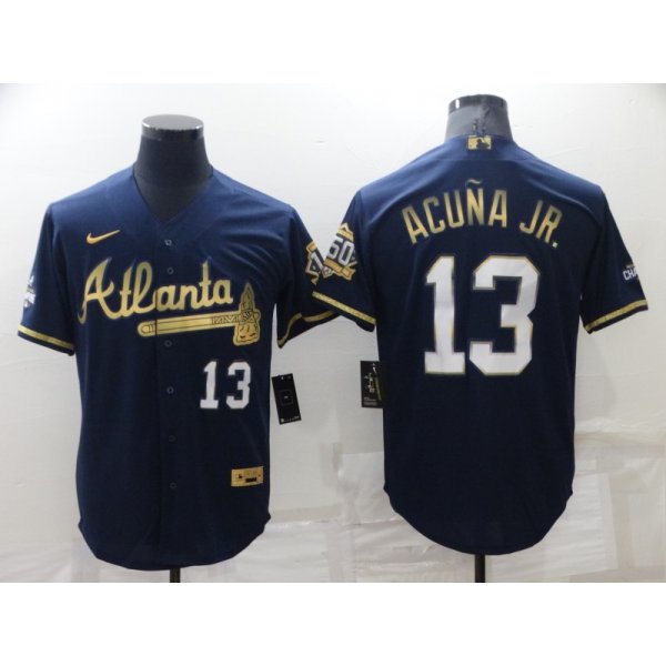 Men's Atlanta Braves #13 Ronald Acuna Jr Navy Blue 2021 World Series Champions Golden Edition Stitched Cool Base Nike Jersey
