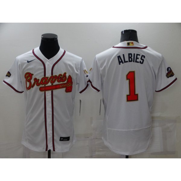Men's Atlanta Braves #1 Ozzie Albies 2022 White Gold World Series Champions Program Flex Base Stitched Baseball Jersey