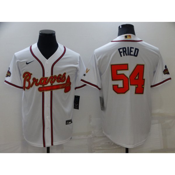 Men's Atlanta Braves #54 Max Fried 2022 White Gold World Series Champions Program Cool Base Stitched Baseball Jersey