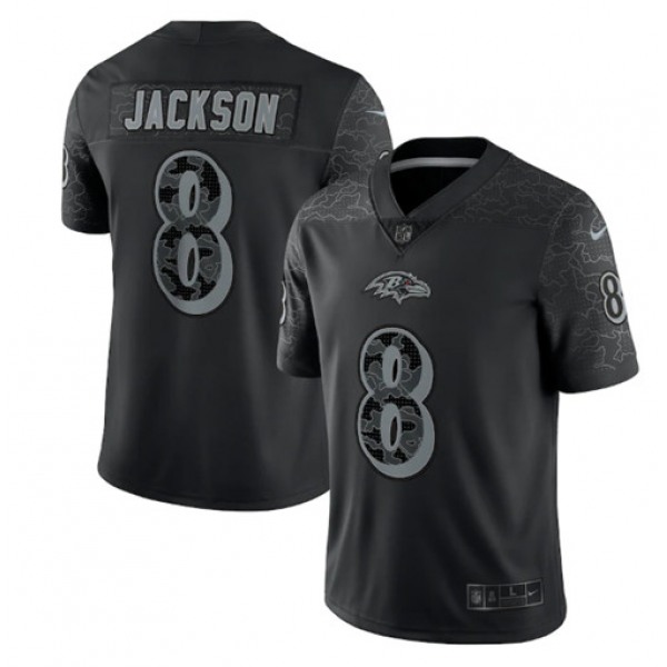 Men's Baltimore Ravens #8 Lamar Jackson Black Reflective Limited Stitched Football Jersey