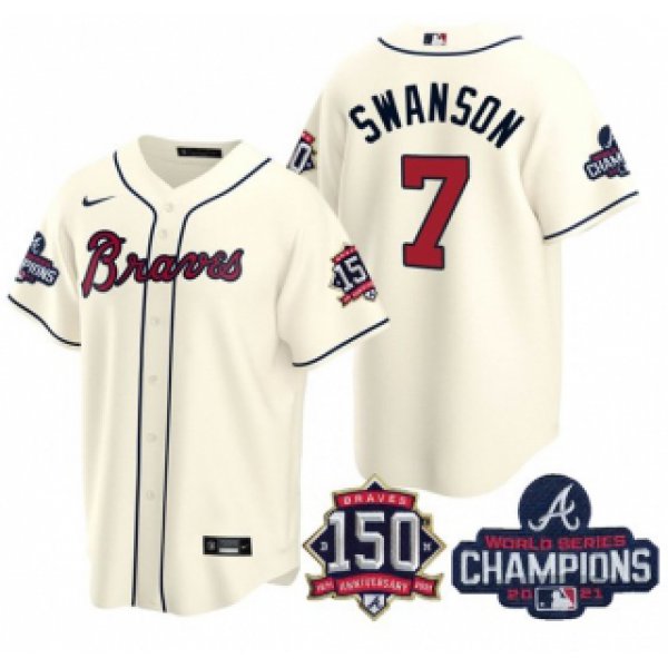 Men's Cream Atlanta Braves #7 Dansby Swanson 2021 World Series Champions With 150th Anniversary Patch Cool Base Stitched Jersey