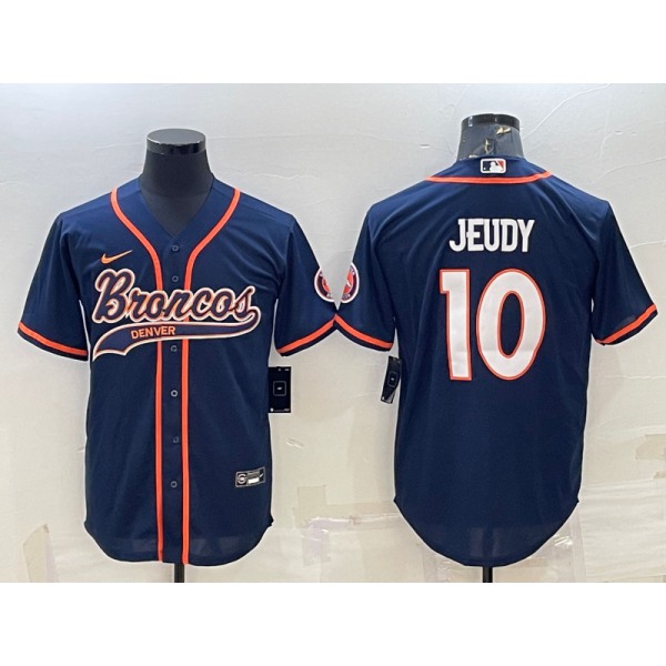 Men's Denver Broncos #10 Jerry Jeudy Navy Blue Stitched Cool Base Nike Baseball Jersey