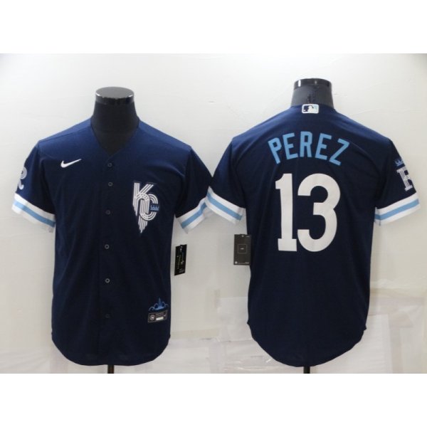 Men's Kansas City Royals #13 Salvador Perez 2022 Navy City Connect Cool Base Stitched Jersey