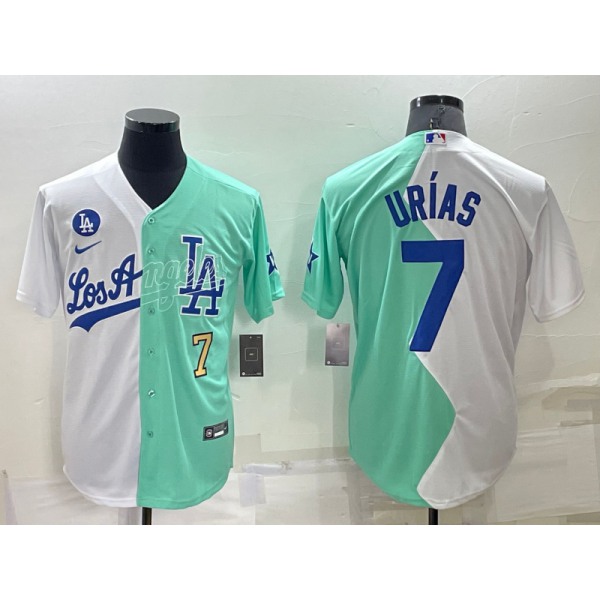 Mens Los Angeles Dodgers #7 Julio Urias White Green Number 2022 Celebrity Softball Game Cool Base Jersey