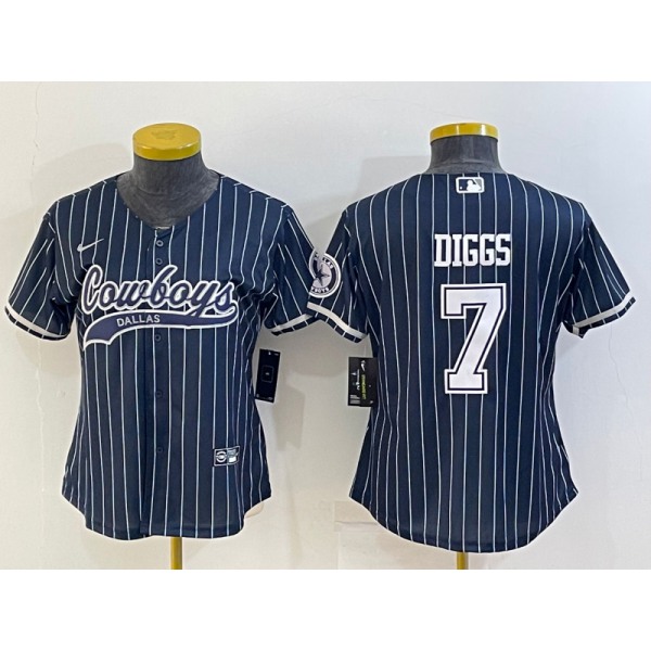 Women's Dallas Cowboys #7 Trevon Diggs Navy Blue Pinstripe With Patch Cool Base Stitched Baseball Jersey