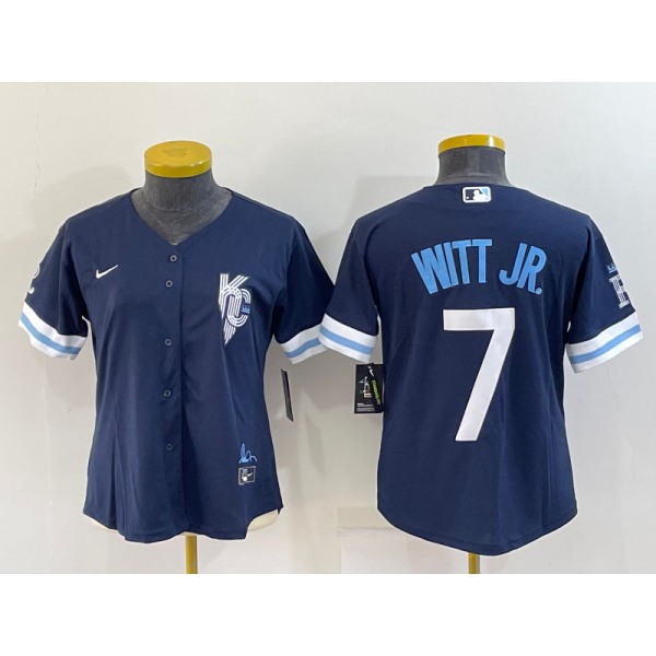 Women's Kansas City Royals #7 Bobby Witt Jr 2022 Navy Blue City Connect Cool Base Stitched Jersey
