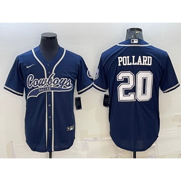 Men's Dallas Cowboys #20 Tony Pollard Navy With Patch Cool Base Stitched Baseball Jersey