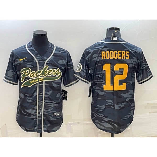 Men's Green Bay Packers #12 Aaron Rodgers Grey Gold Camo With Patch Cool Base Stitched Baseball Jersey