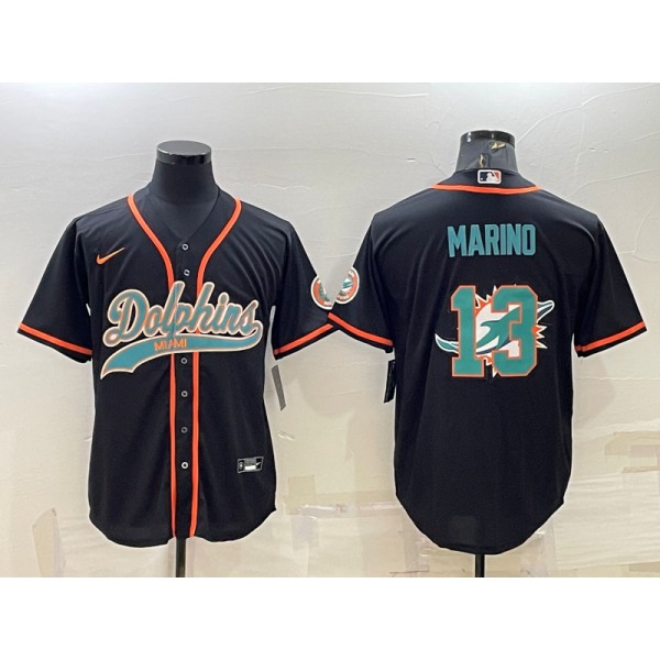 Men's Miami Dolphins #13 Dan Marino Black Team Big Logo With Patch Cool Base Stitched Baseball Jersey