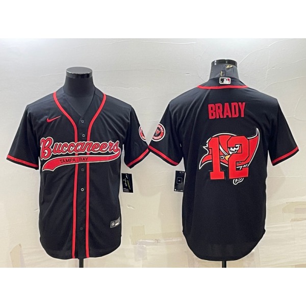 Men's Tampa Bay Buccaneers #12 Tom Brady Black Team Big Logo With Patch Cool Base Stitched Baseball Jersey
