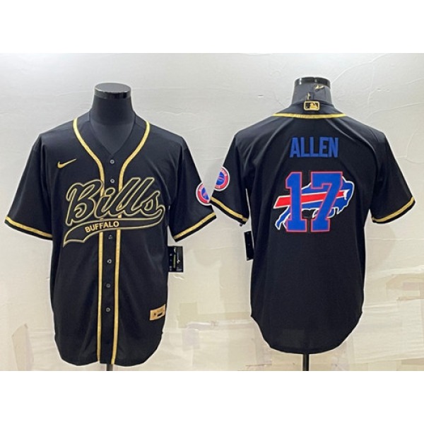 Mens Buffalo Bills #17 Josh Allen Black Gold Team Big Logo With Patch Cool Base Stitched Baseball Jersey
