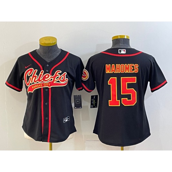 Women's Kansas City Chiefs #15 Patrick Mahomes Black With Patch Cool Base Stitched Baseball Jersey