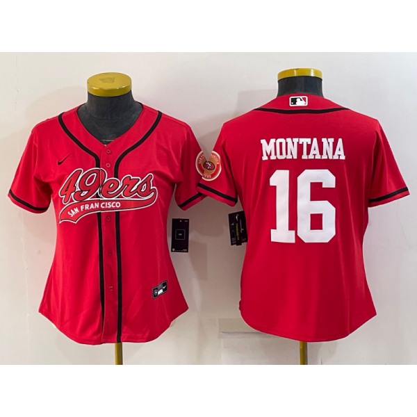 Women's San Francisco 49ers #16 Joe Montana Red With Patch Cool Base Stitched Baseball Jersey