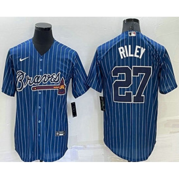 Men's Atlanta Braves #27 Austin Riley Navy Blue Pinstripe Stitched MLB Cool Base Nike Jersey