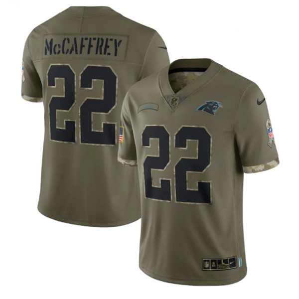 Men's Carolina Panthers #22 Christian McCaffrey 2022 Olive Salute To Service Limited Stitched Jersey