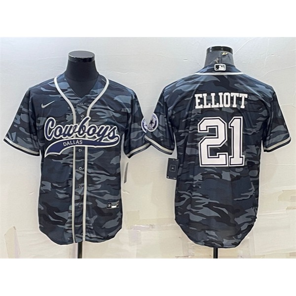 Men's Dallas Cowboys #21 Ezekiel Elliott Gray Camo With Patch Cool Base Stitched Baseball Jersey