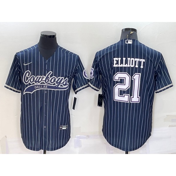 Men's Dallas Cowboys #21 Ezekiel Elliott Navy Blue Pinstripe With Patch Cool Base Stitched Baseball Jersey