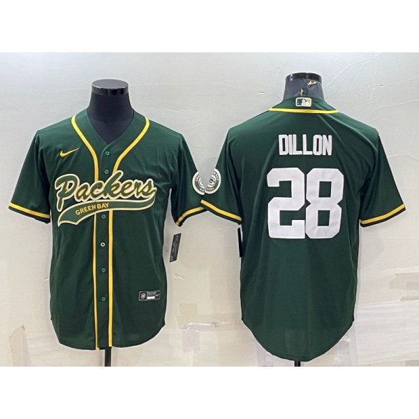 Men's Green Bay Packers #28 AJ Dillon Green With Patch Cool Base Stitched Baseball Jersey