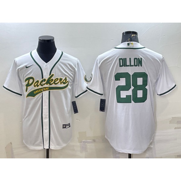 Men's Green Bay Packers #28 AJ Dillon White With Patch Cool Base Stitched Baseball Jersey